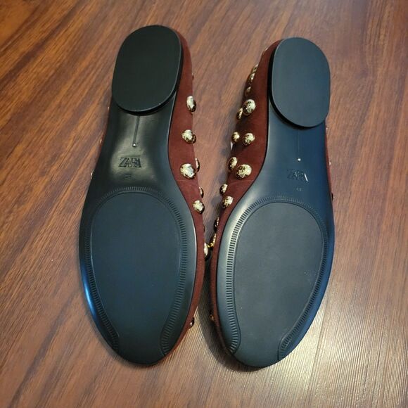 NWTs ZARA Studded Brown Leather Ballet Flats Size EUR 38 US 7.5 Classic - Picture 13 of 15